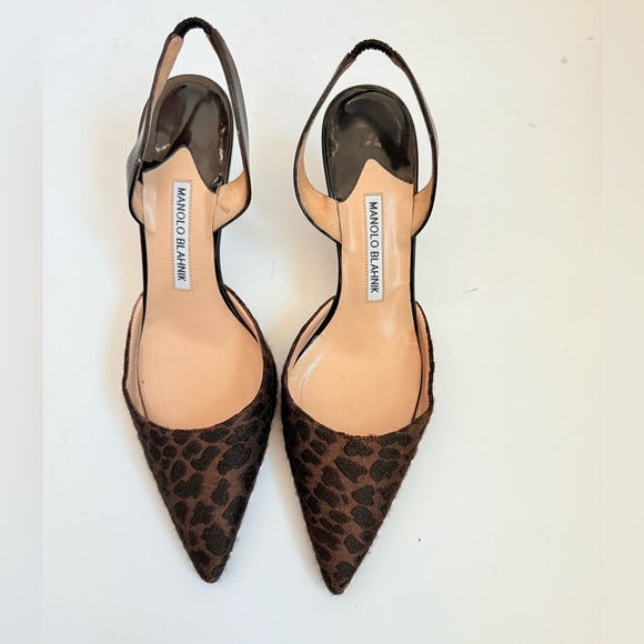 Manolo Blahnik Brown Black Lepoard print Carolyne Slingback pumps 90mm EU 38.5 - Picture 2 of 8